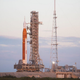 NASA’s Space Launch System (SLS) rocket shortly after arriving at the Kennedy launch pad earlier today.